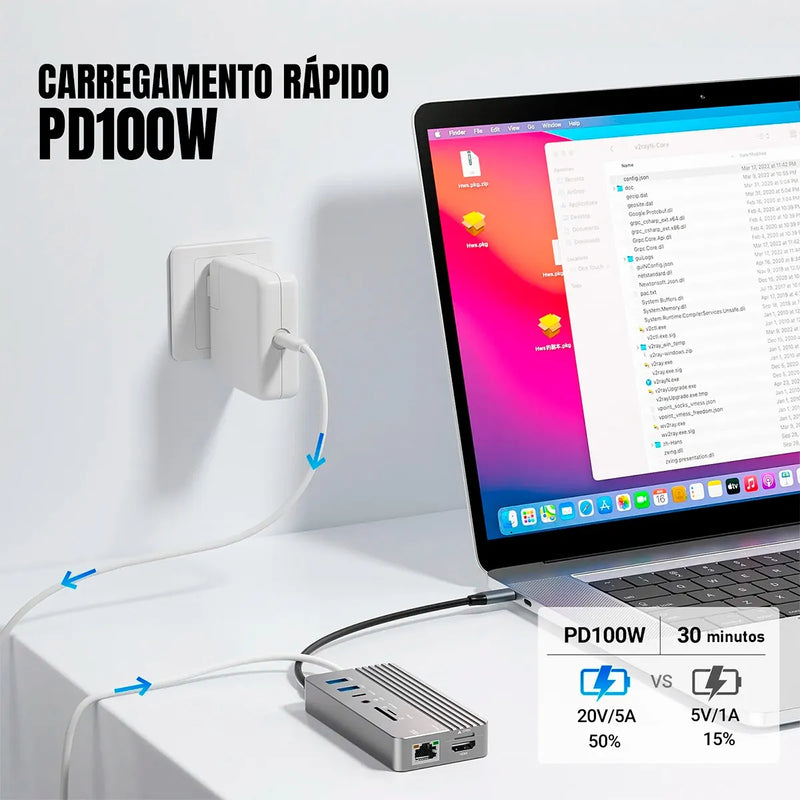 Hub USB-C 9-em-1 Dorn com NVMe M.2 e Power Delivery 100W - Docking Station Profissional