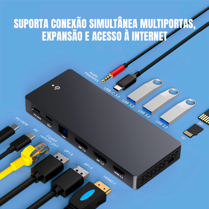 Dock Hub Usb-c Dorn 13 Em 1 P/ 3 Monitores 4k 2x Dp 1x Hdmi