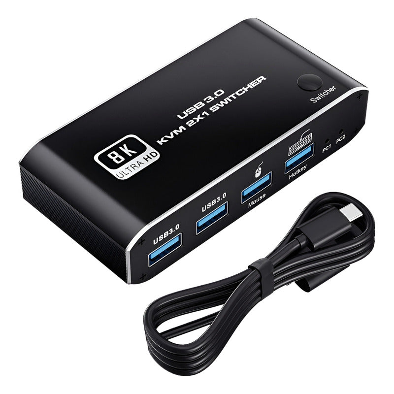 Hub Kvm Switch 2 Pc Para 1x Hdmi 8k E 3x Usb 3.0 Cor Preto