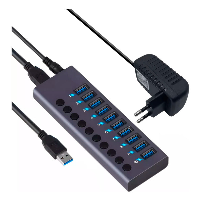 Hub Usb 3.0 10 Portas 5gbps Switch Individual Alumínio + Nf