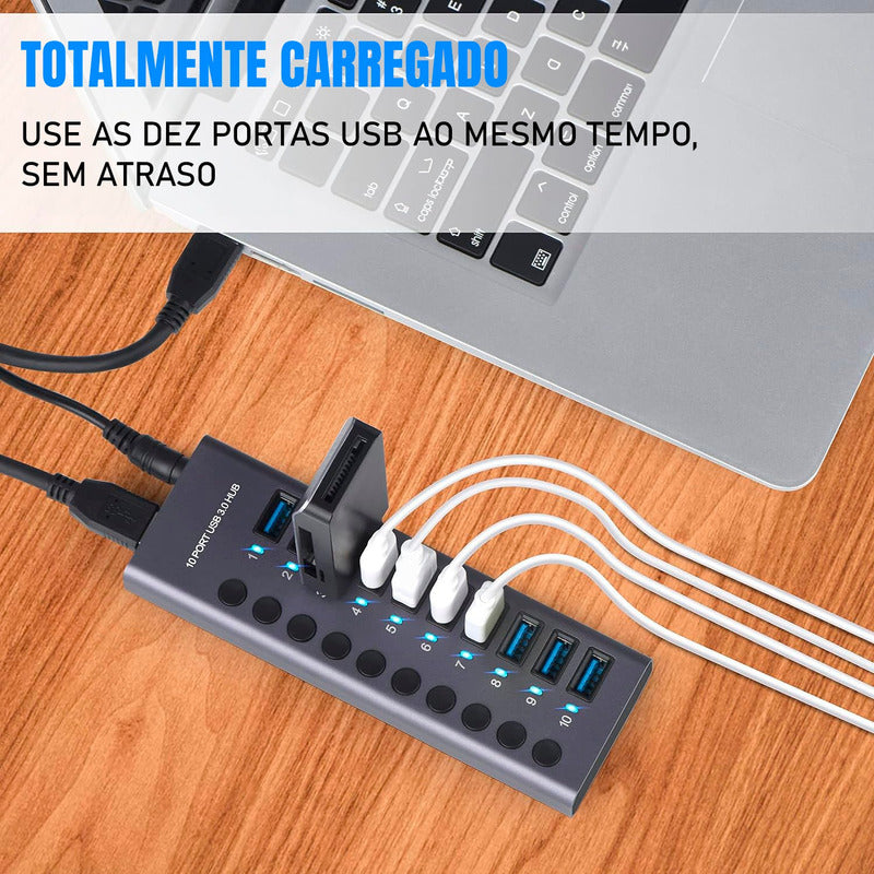 Hub Usb 3.0 10 Portas 5gbps Switch Individual Alumínio + Nf