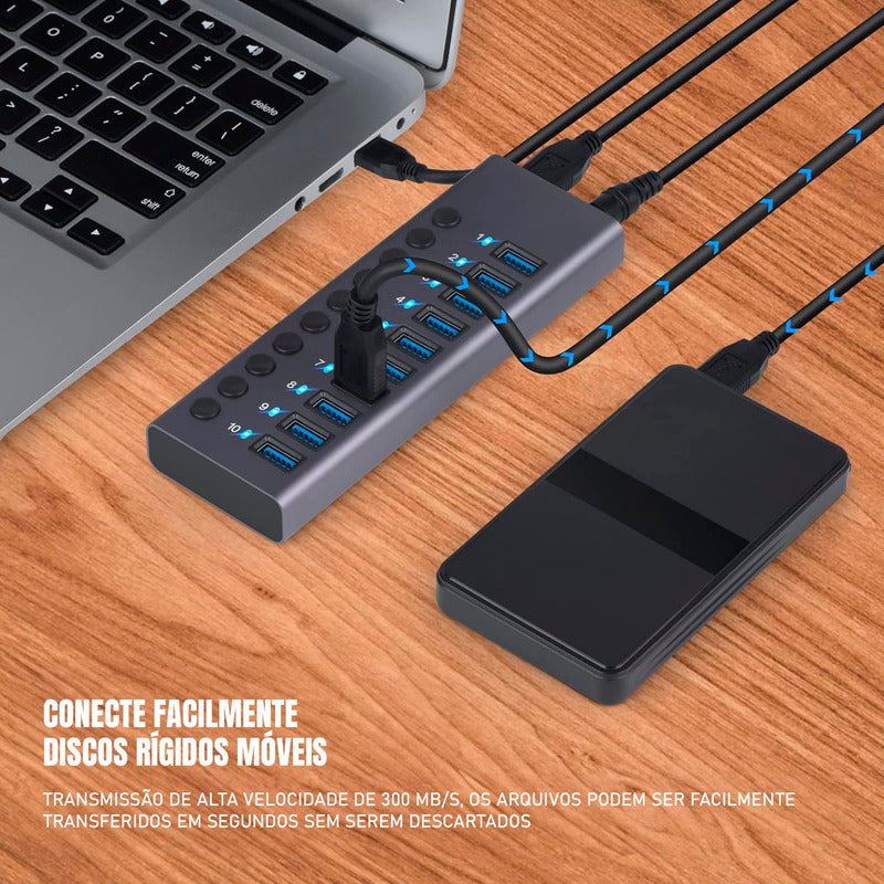 Hub Usb 3.0 10 Portas 5gbps Switch Individual Alumínio + Nf
