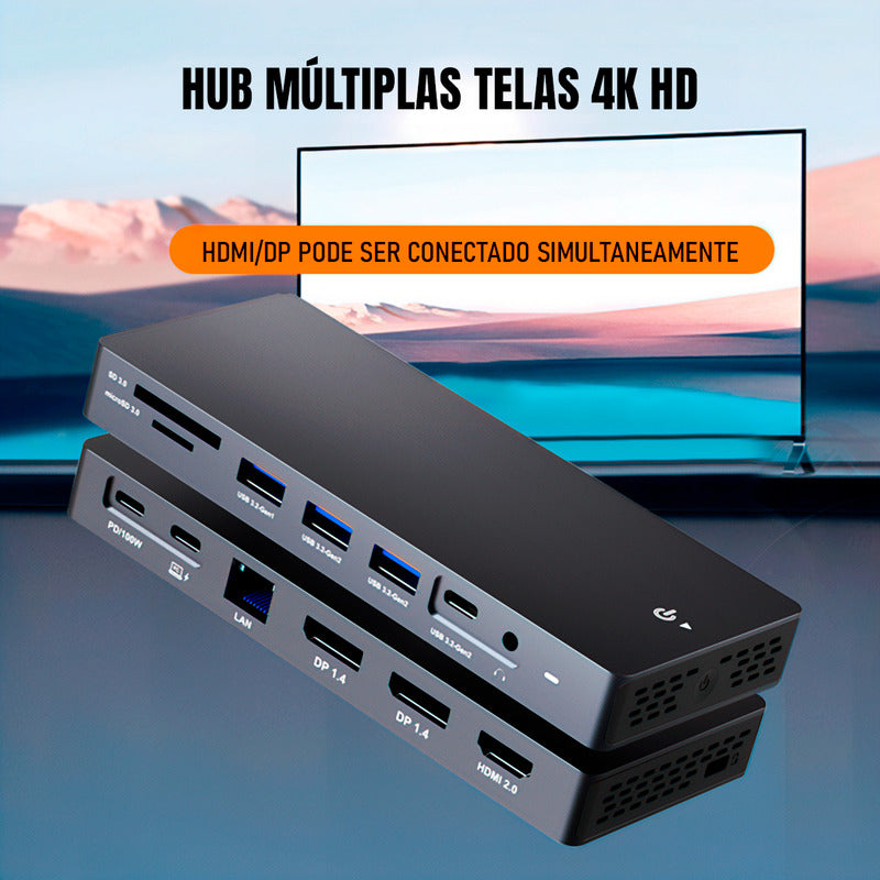 Dock Hub Usb-c Dorn 13 Em 1 P/ 3 Monitores 4k 2x Dp 1x Hdmi