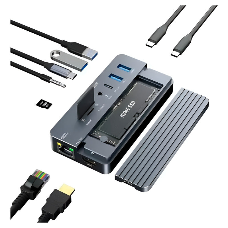 Hub Case Ssd Nvme M.2 Thunderbolt 3/4 Hdmi, Rj45, Usb Cor Prateado
