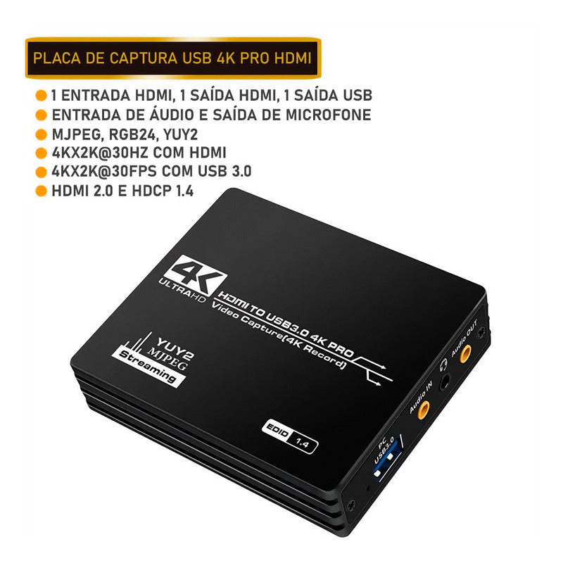 Placa De Captura Usb Hdmi 4k E Entrada P/ Microfone Ou Fone