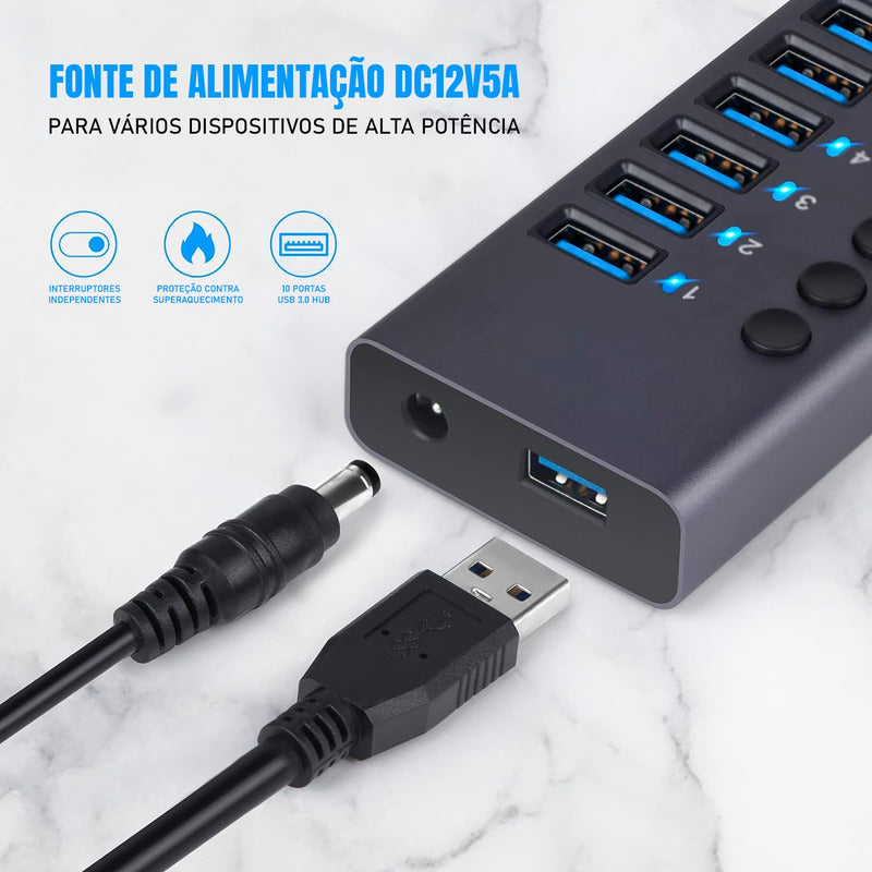 Hub Usb 3.0 10 Portas 5gbps Switch Individual Alumínio + Nf