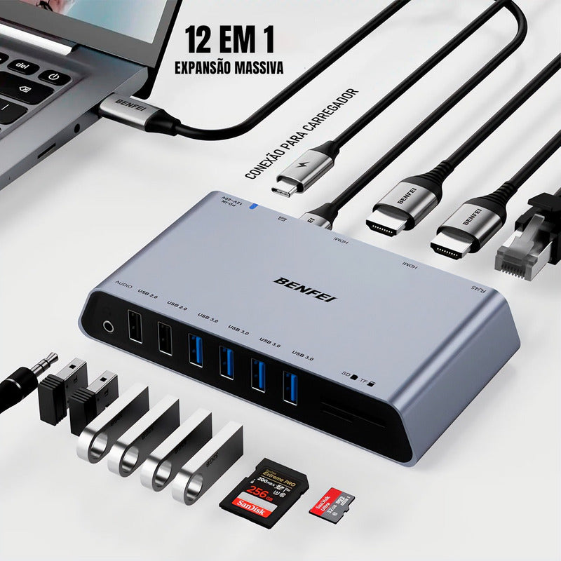 Hub Usb Dorn 12 Portas Usb-c Displaylink 2 Monitores