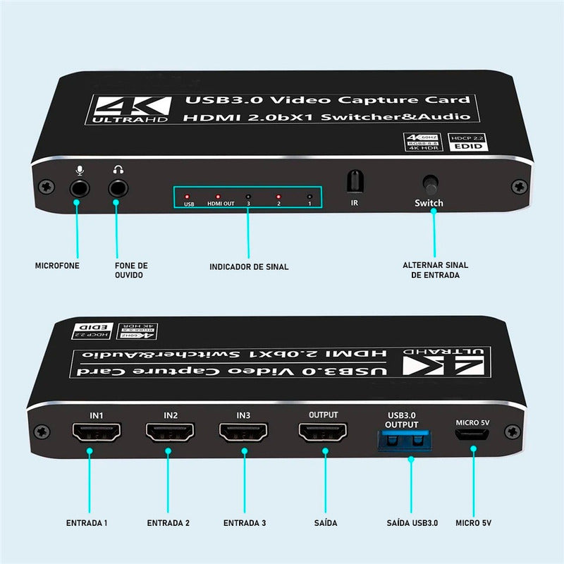 Placa De Captura Usb 3 Entradas Hdmi 4k + Microfone E Fone