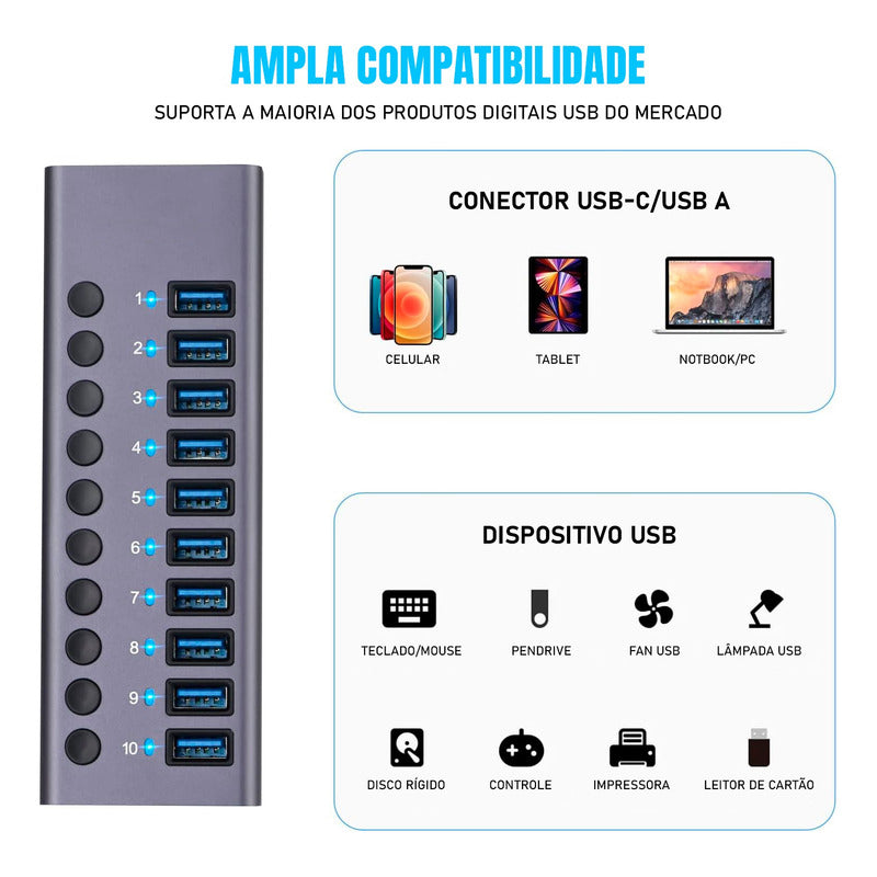 Hub Usb 3.0 10 Portas 5gbps Switch Individual Alumínio + Nf