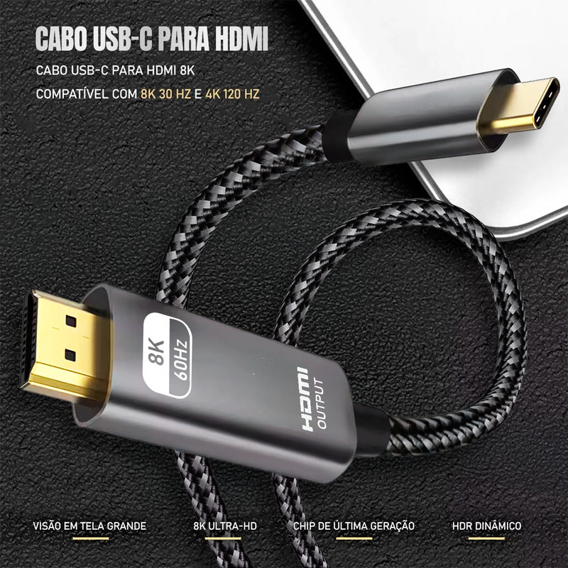 Cabo Dorn USB-C Thunderbolt 3 para HDMI - 4K@120Hz, Suporte 8K, 1080p@360Hz e MST