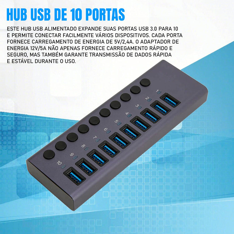 Hub Usb 3.0 10 Portas 5gbps Switch Individual Alumínio + Nf
