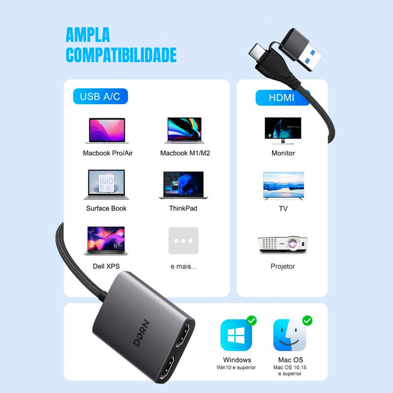 Adaptador Usb 3.0 1x2 Duplo Hdmi P/ Extensor De Tela Windows