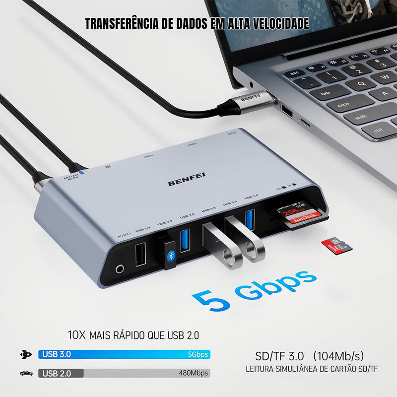 Hub Usb Dorn 12 Portas Usb-c Displaylink 2 Monitores