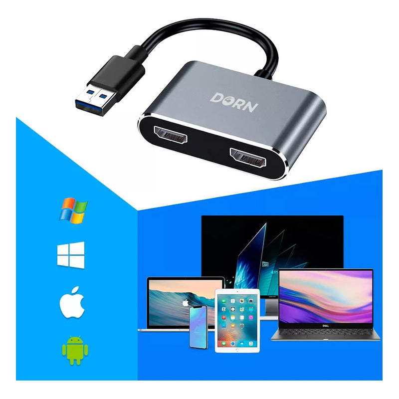 Adaptador Usb 3.0 1x2 Duplo Hdmi P/ Extensor De Tela Windows Cor Prateado