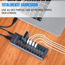 Hub Usb 3.0 10 Portas 5gbps Switch Individual Alumínio + Nf Preto